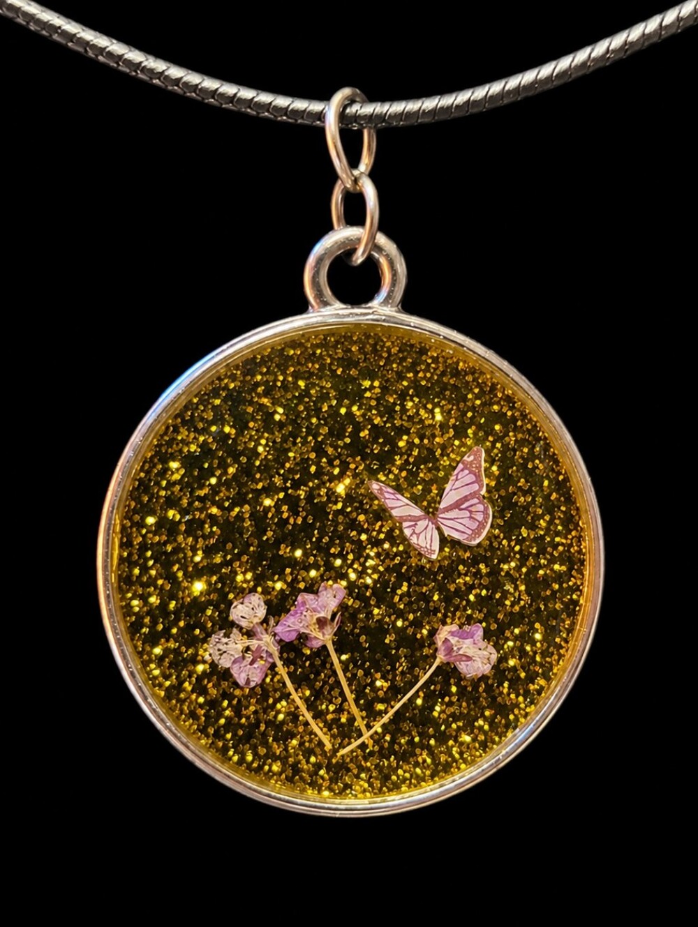 Gold Glitter Butterfly & Flower Pendant Necklace